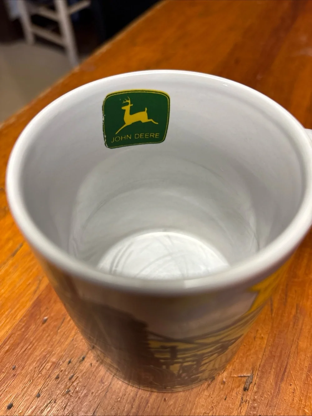 VTG John Deere White Ceramic Farm Scene Coffee Mug with Rural Artwork